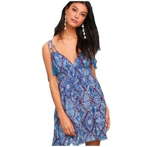LULUS In Love with Love Blue Backless Skater Boho Dress Paisley Tassels Size M